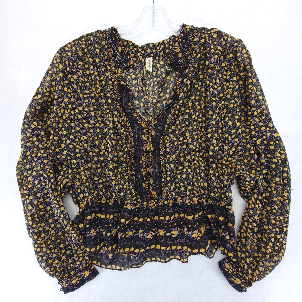 Free People Black Floral Peasant Blouse with Yellow & Lavender Accents